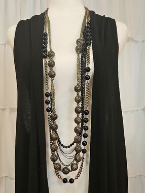 EXPRESS Layered Black and Gold Beaded Statement Necklace